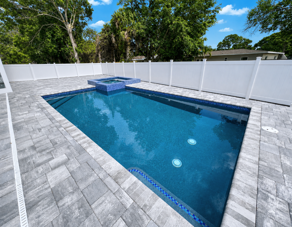 A rectangular pool with a raised spa in a paver-decked backyard behind a white vinyl fence.