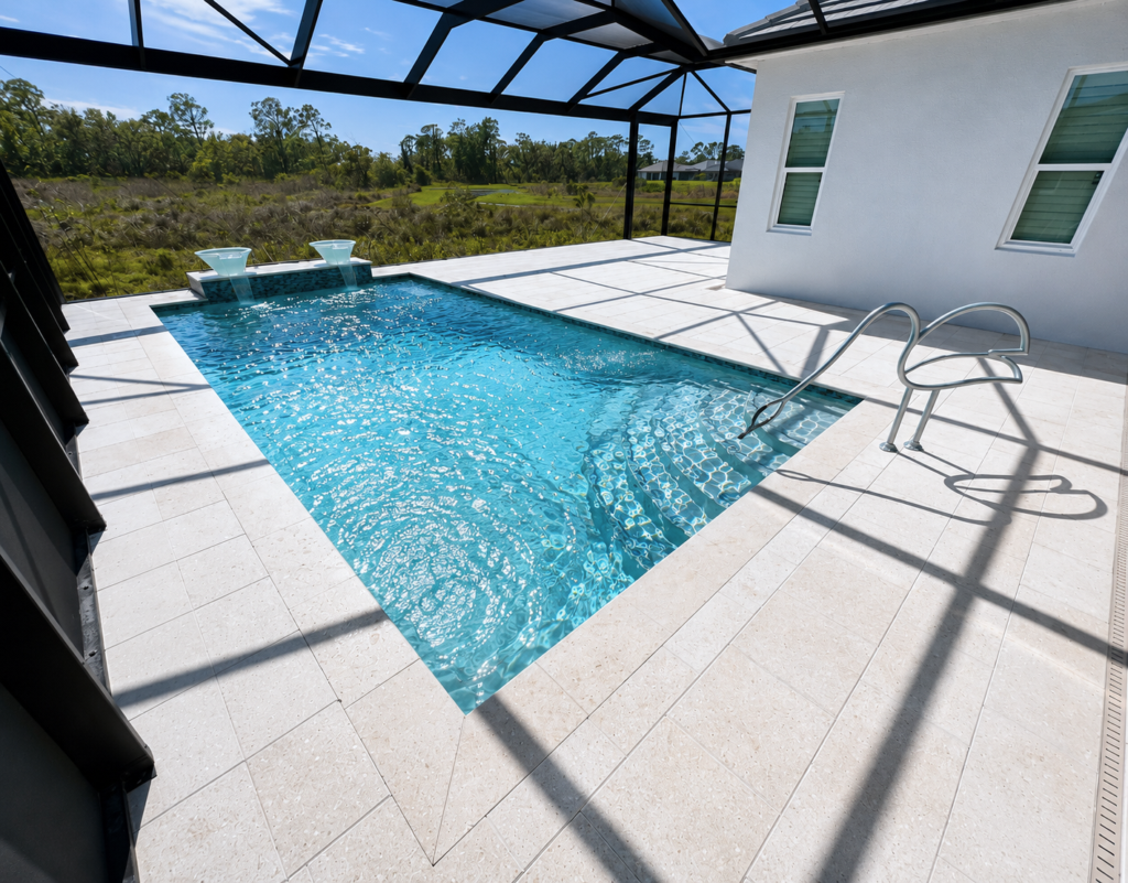 A small rectangular pool with two water bowl accents under a screened lanai overlooking an open field.