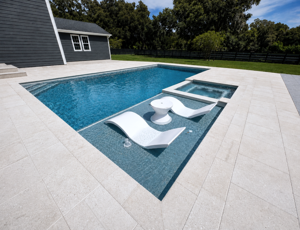A rectangular pool with a tanning ledge holding two lounge chairs and a side table, next to a flush-mounted spa.