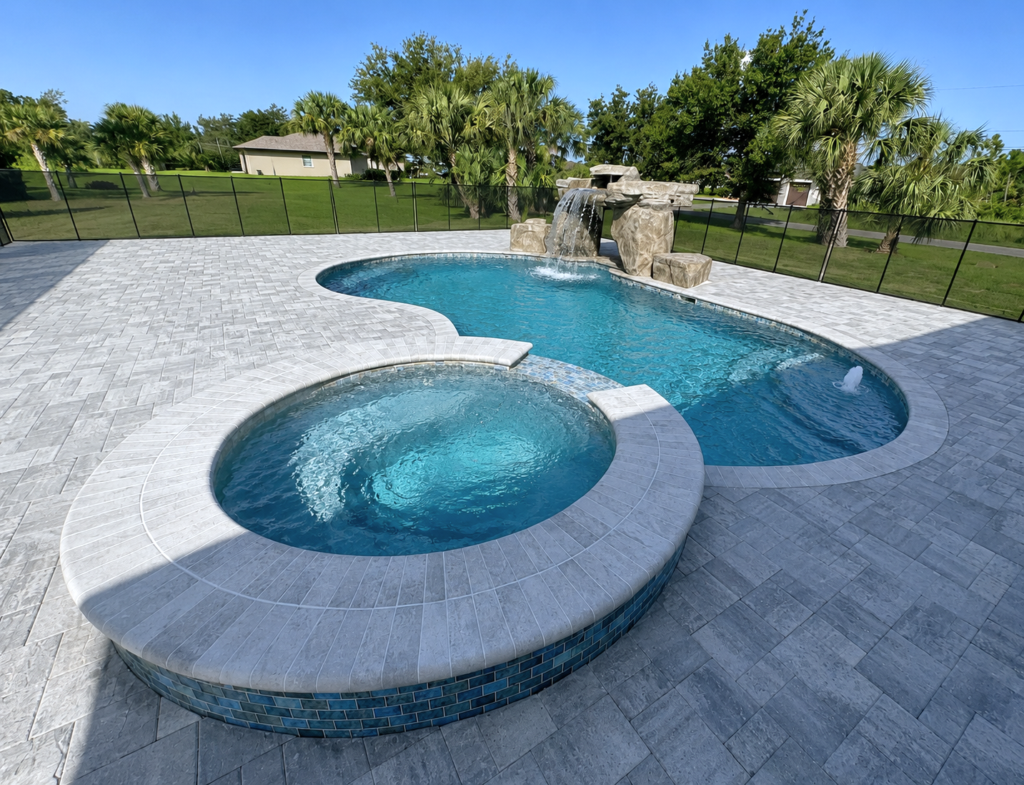 A freeform pool with a raised round spa and a rock waterfall feature on a paver patio.