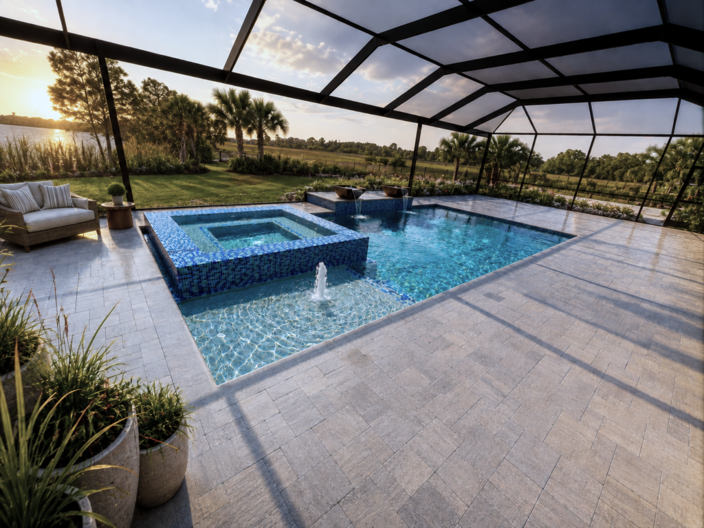 A raised tile spa spills into a rectangular pool with water bowl fountains under a screened enclosure at dusk overlooking a lake.