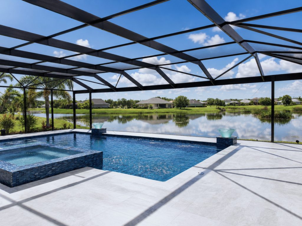 A screened rectangular pool with a raised tiled spa and two water bowl fountains overlooking a lake.