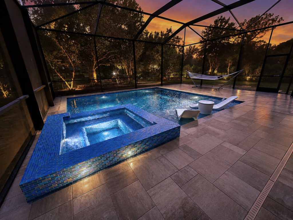 A dusk view of a small rectangular pool with a raised blue-tiled spa under a screened enclosure.
