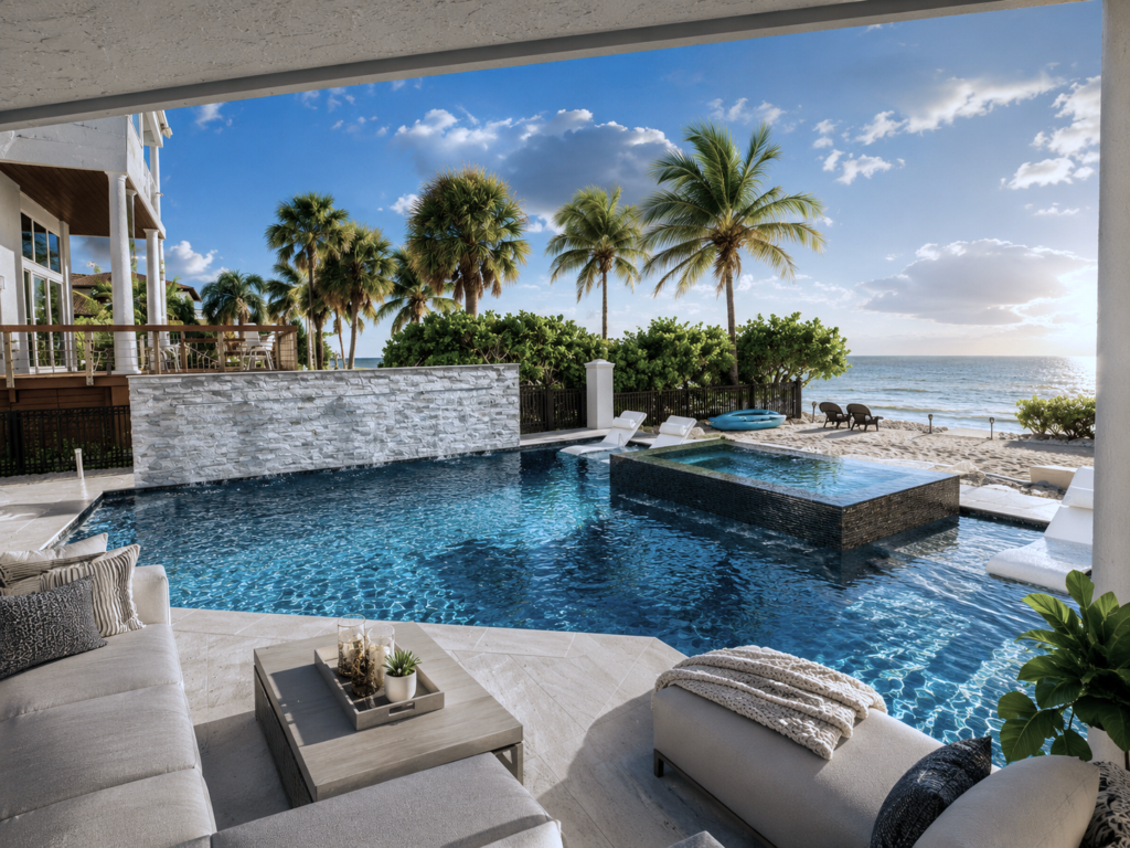 An elevated tiled spa spills into a freeform pool on a stone patio overlooking a beach and ocean.