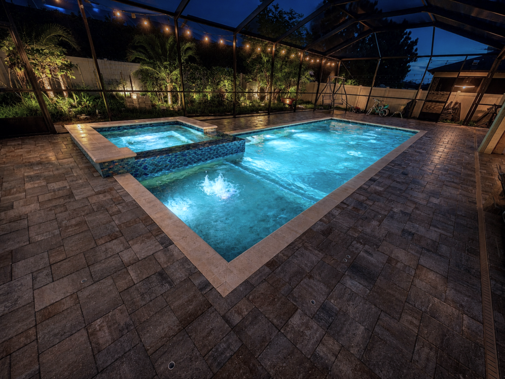 A rectangular pool with a raised spillover spa at night under a screened lanai with string lights.