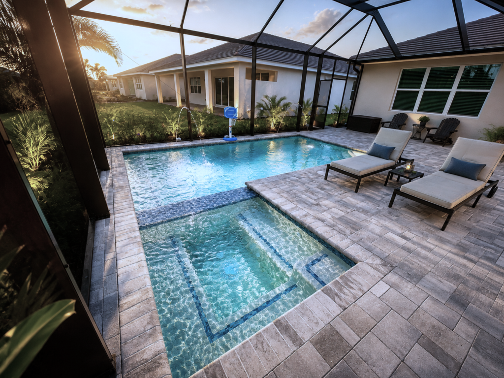 A rectangular pool with a tiled shallow entry step area under a screened lanai at dusk, surrounded by pavers and lounge chairs.