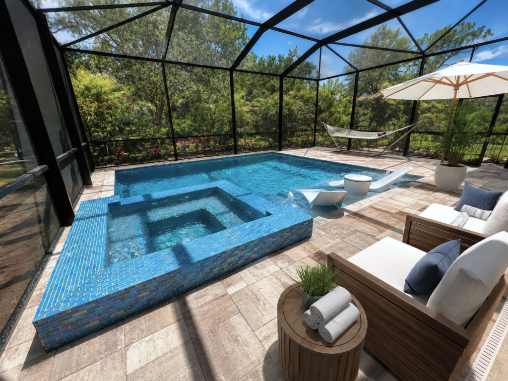 A small rectangular pool with an elevated blue-tiled raised spa under a screened lanai, with floating loungers and patio furniture on a travertine deck.