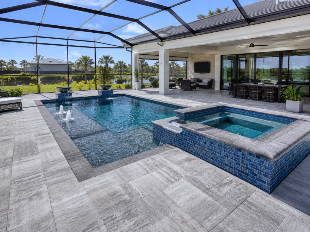 A screened rectangular pool with a raised blue-tiled spa, bubbler fountains, and a lakefront view.