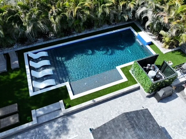 Aerial view of an L-shaped pool with in-water loungers, a tanning ledge, and a raised spa surrounded by turf and pavers.
