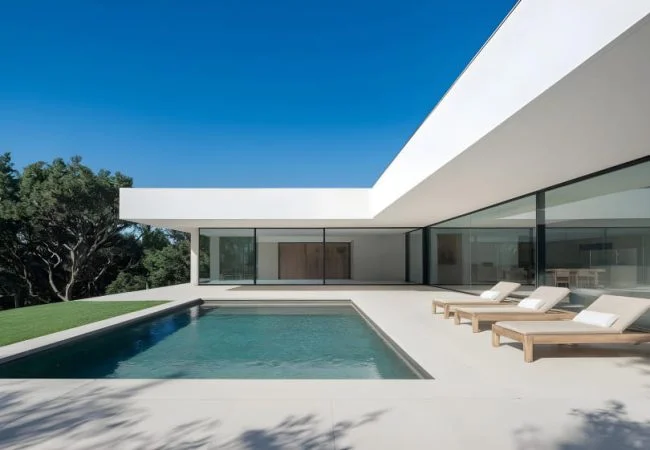A sleek rectangular pool runs along a minimalist modern white house with a paved sun deck and loungers.