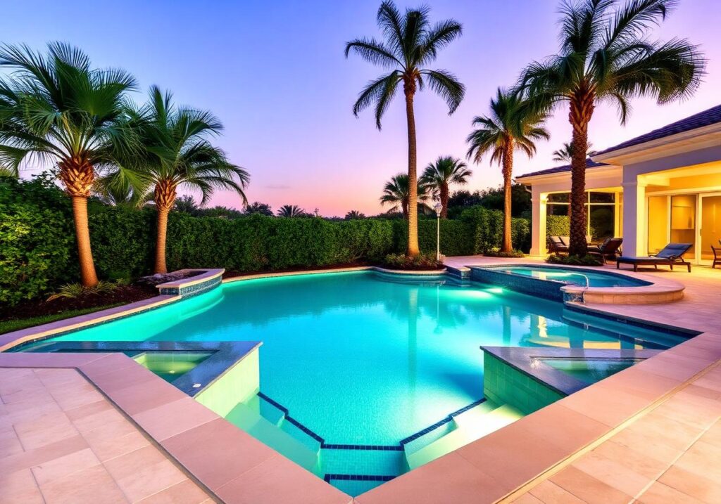 A geometric pool with two raised spa corners and glowing turquoise water at dusk, framed by palm trees.