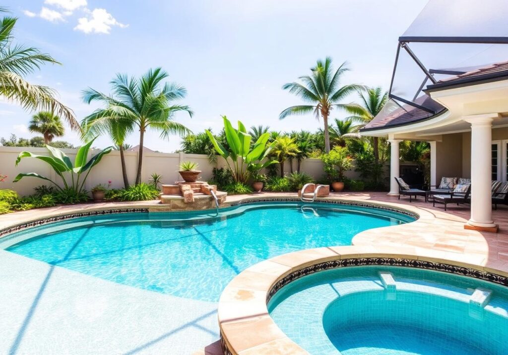 Freeform pool with raised spa and small rock waterfall on a travertine patio surrounded by palm trees.