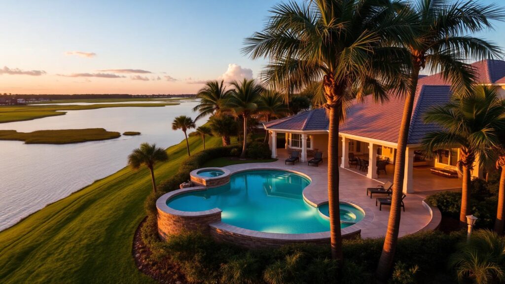 An elevated freeform pool with a raised spa overlooks a waterfront golf-course marsh at sunset.
