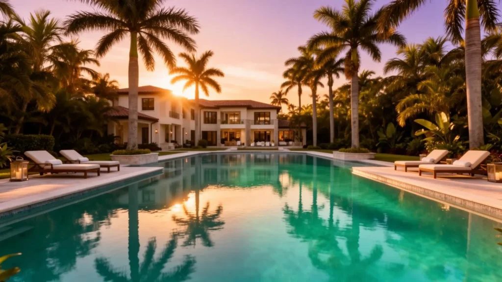 A large rectangular pool reflecting a luxury mansion and palm trees at sunset.