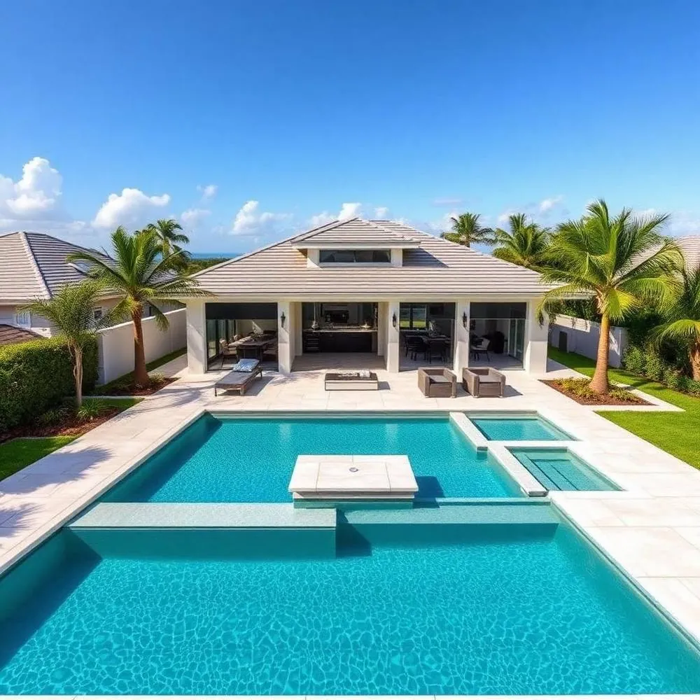 A large multi-level rectangular pool with a raised center platform in front of a modern single-story home with palm trees.