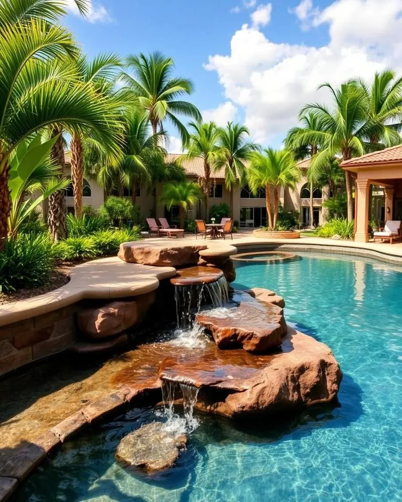 A multi-tiered natural stone waterfall cascades into a resort-style pool surrounded by palm trees.