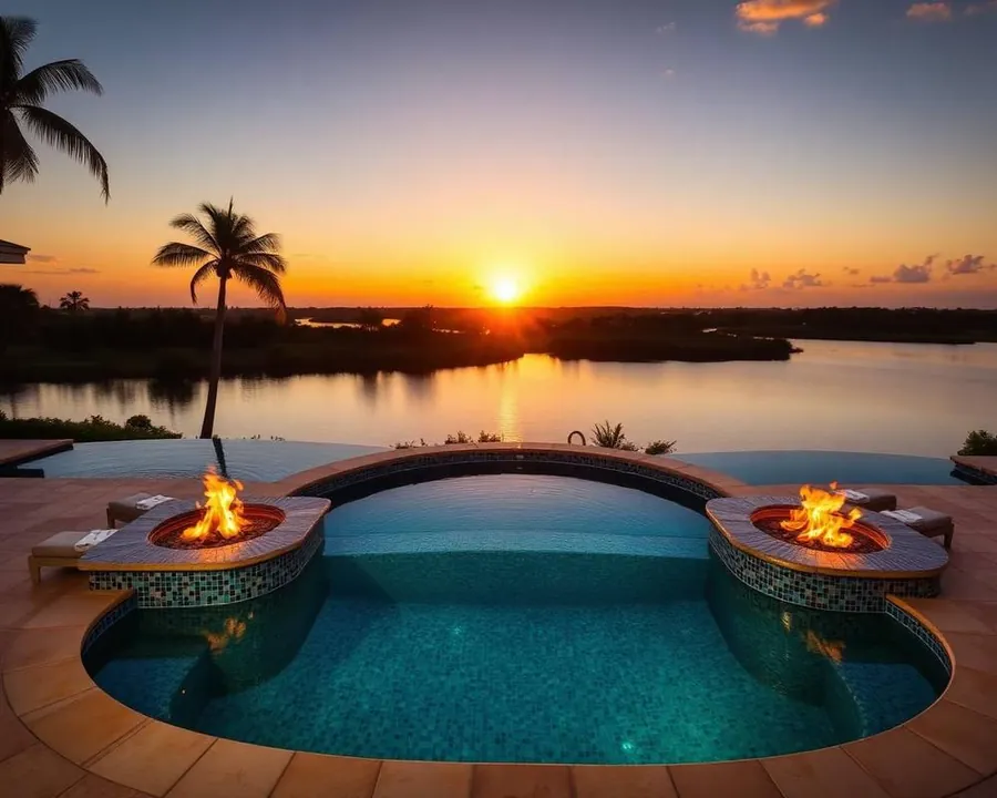 A round infinity-edge spa with two flanking fire bowls overlooks a lake at sunset.