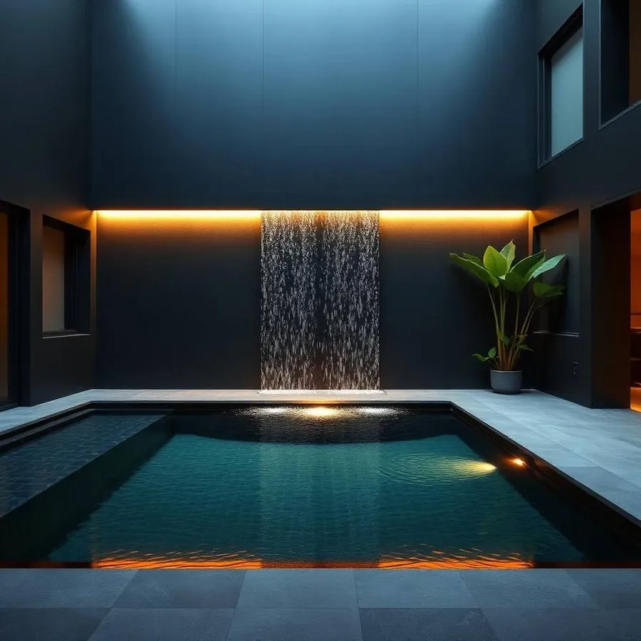 A small rectangular pool at night in a modern courtyard with a sheer waterfall wall feature and warm LED accent lighting.