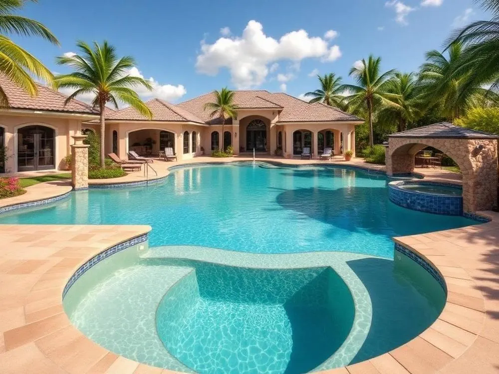 A large freeform pool with a raised spa and stone gazebo behind a Florida-style mansion surrounded by palm trees.