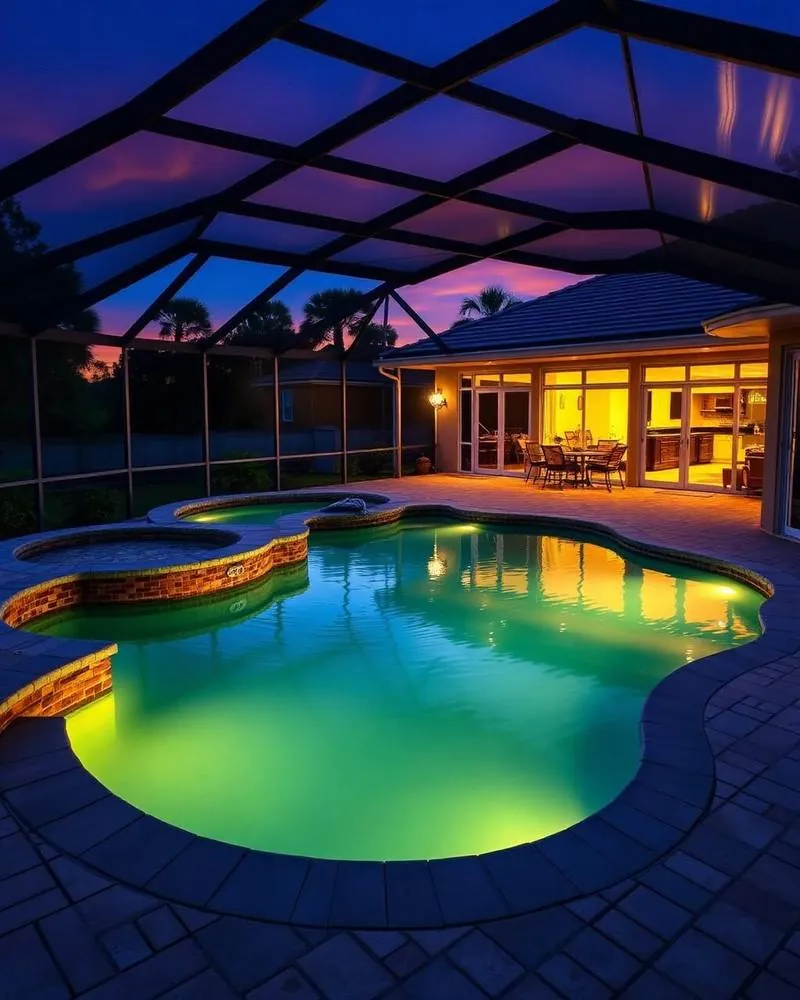 A freeform pool and raised spa glow green at twilight under a screened lanai.