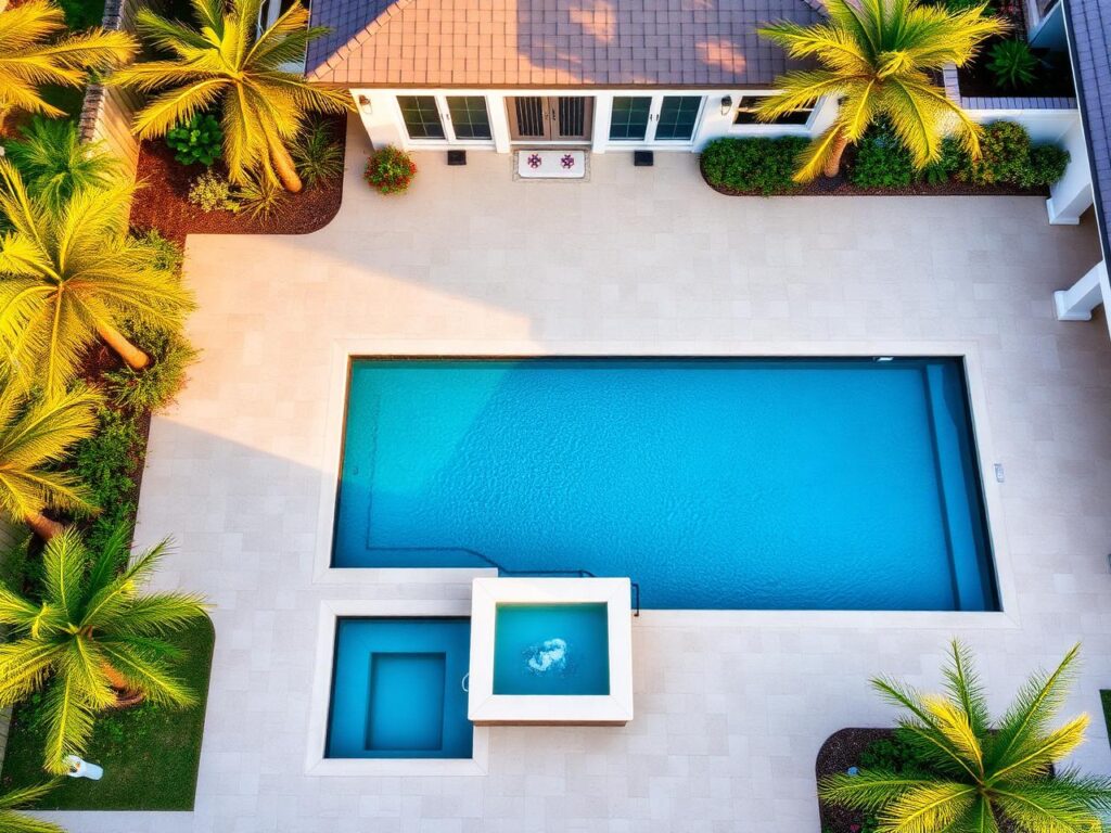 Aerial view of a rectangular backyard pool with an attached raised spa and small sun shelf, surrounded by palm trees and stone pavers.