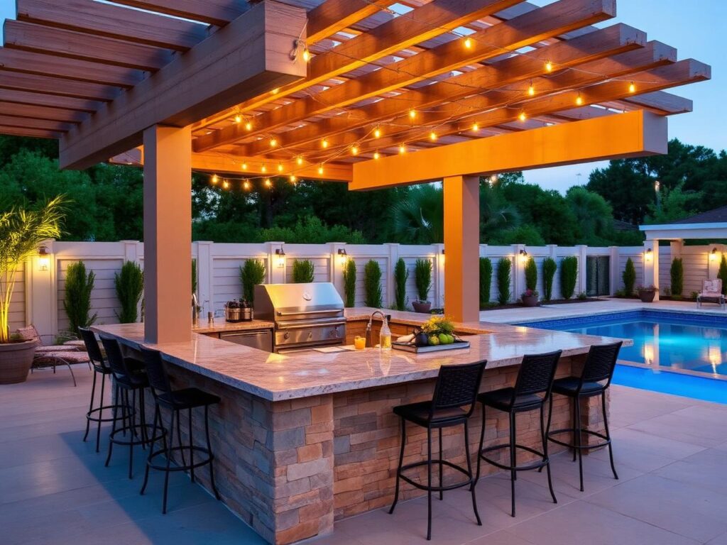 An outdoor kitchen and bar under a wooden pergola with string lights, next to a pool visible at the edge of the frame.