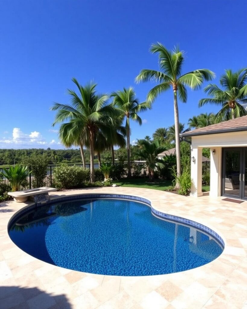 A kidney-shaped pool on a travertine patio surrounded by palm trees with a canal view beyond.