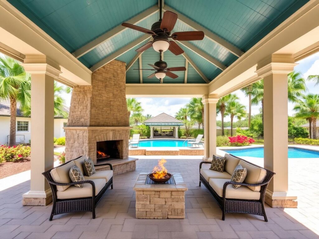 A covered outdoor living pavilion with a stone fireplace and fire pit, with a pool visible in the background.