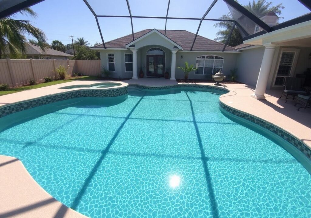 Freeform pool with an integrated raised-height spa under a screened enclosure behind a single-story Florida home.