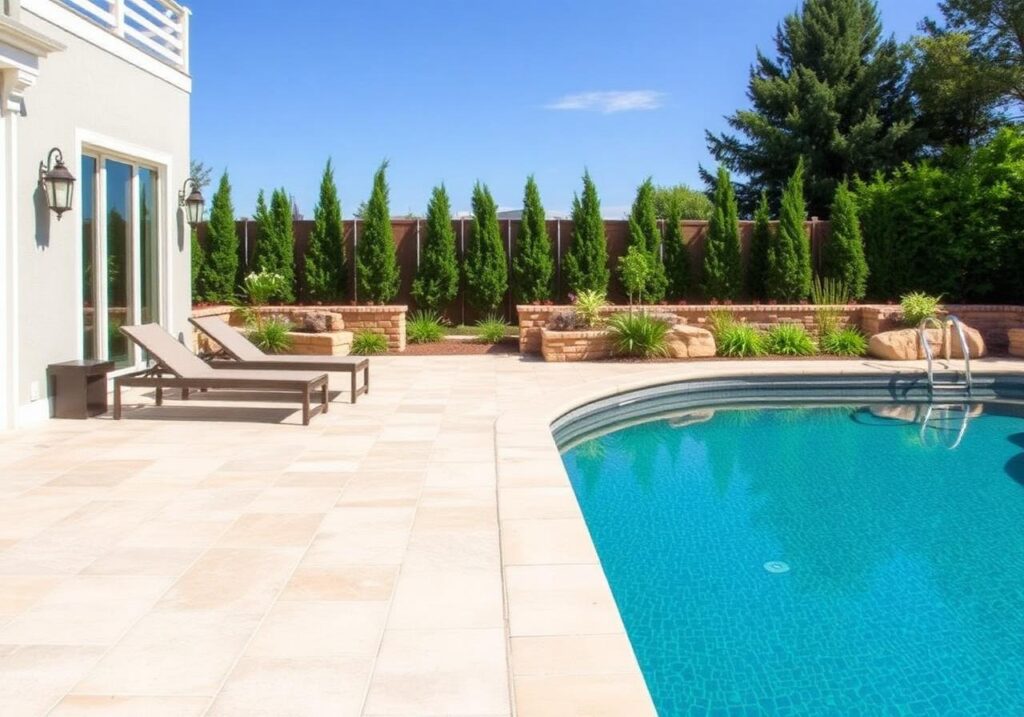 A corner of a blue-tiled pool with stone deck, loungers, and a landscaped privacy fence line.