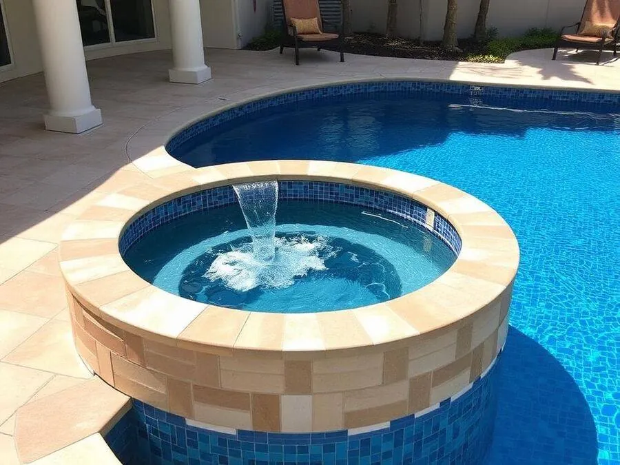 A raised round spa with tiled walls spills water over its edge into a freeform pool.