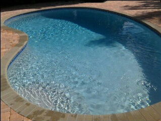 A freeform swimming pool with light plaster interior and brick paver decking.