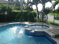 A freeform backyard pool with a raised spa and decorative water jets surrounded by travertine pavers and palm trees.