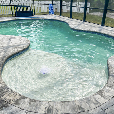 A small freeform pool with an integrated round spa and bubbler under a screened lanai.