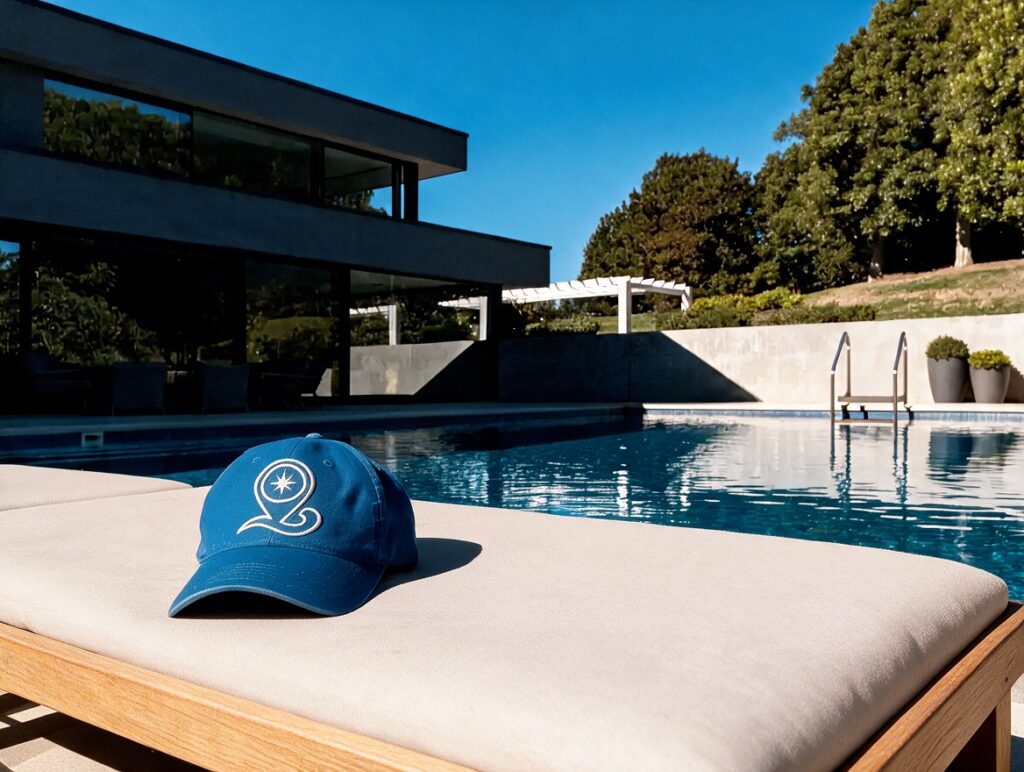 A FloridaPoolz cap resting on a lounger beside a modern swimming pool
