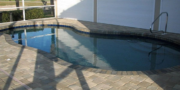 A small freeform pool with paver deck under a screened enclosure.
