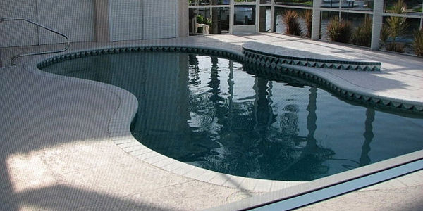 A small freeform pool with a curved patio under a screened lanai enclosure.