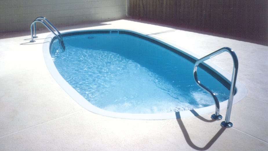 Small oval vinyl-lined pool with two sets of stainless handrails on a concrete patio.