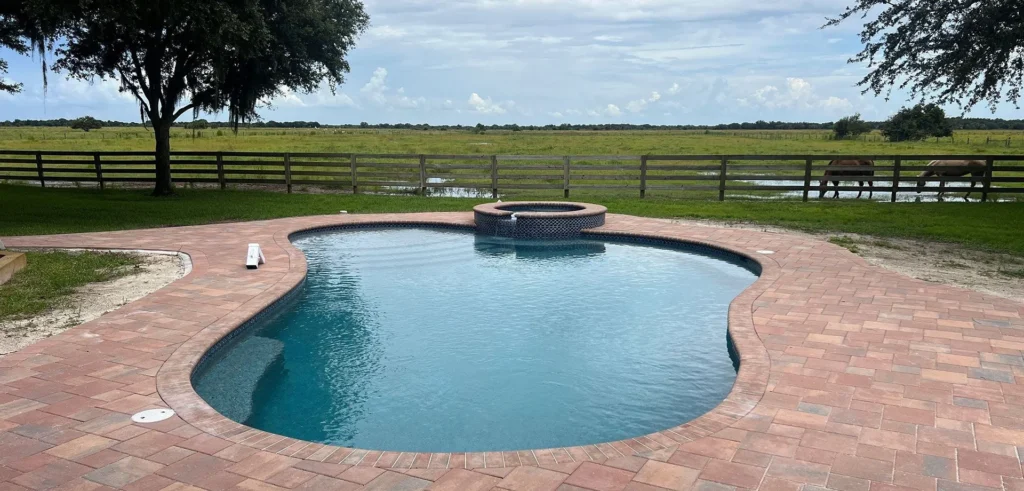 A freeform pool with a raised spa on a paver patio overlooking a pasture with horses.