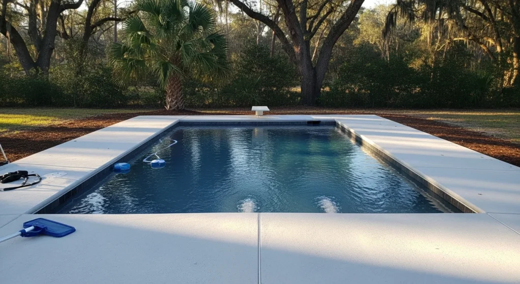 A small rectangular pool with a dark tile waterline and diving board set in a grassy backyard bordered by trees.