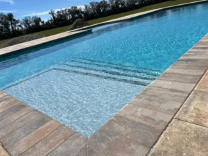 A rectangular in-ground pool with a broad shallow entry shelf and tiled steps, set against an open pasture landscape.