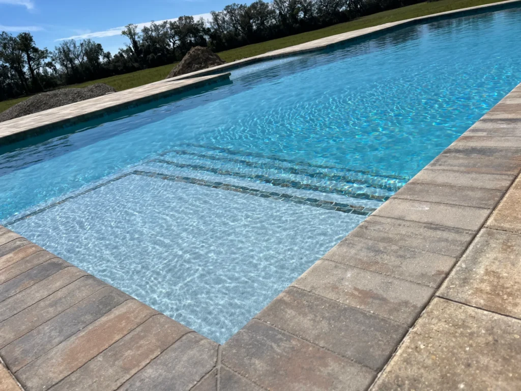 A rectangular in-ground pool with a broad shallow entry shelf and tiled steps, set against an open pasture landscape.