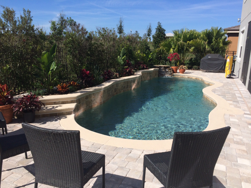 A freeform backyard pool with a raised stone planter wall and paver patio under open sky.
