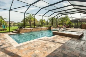 A screened rectangular pool with a raised stone spa, bubbler fountains, and in-pool loungers overlooking a lake.