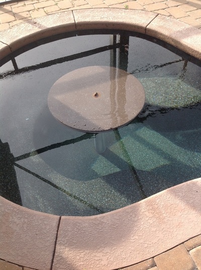 Close-up of a small raised freeform pool or spa with a submerged umbrella stand base visible in the water.