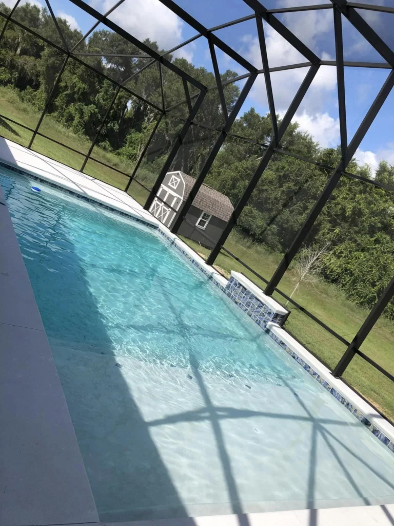 A rectangular pool under a screened enclosure with a barn-style shed and trees in the background.