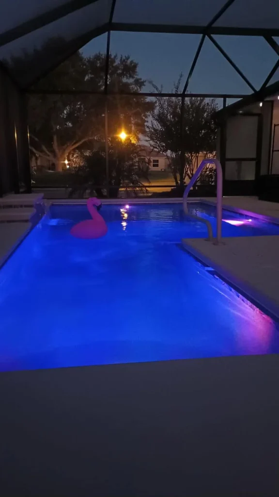A rectangular backyard pool lit blue with LED lights at night inside a screened enclosure, with a flamingo float on the water.