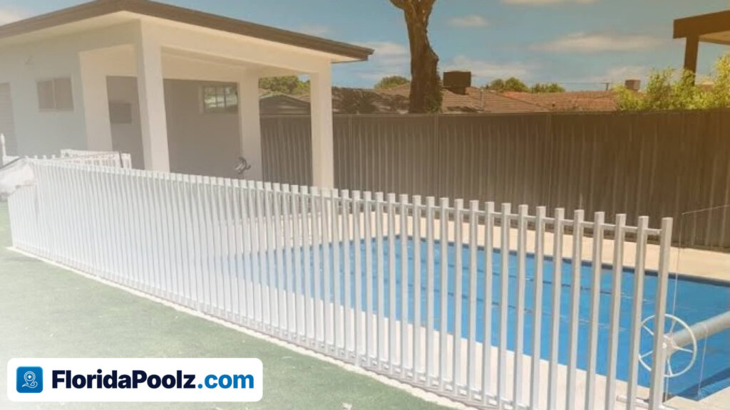 A white vertical-bar safety fence enclosing a backyard swimming pool.