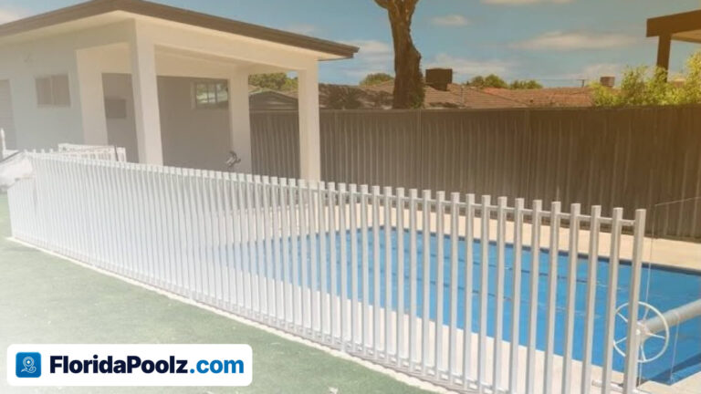 A white vertical-bar safety fence enclosing a backyard swimming pool.