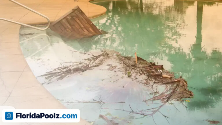 A swimming pool filled with storm debris — branches, leaves and a blown-down fence panel — after a hurricane.